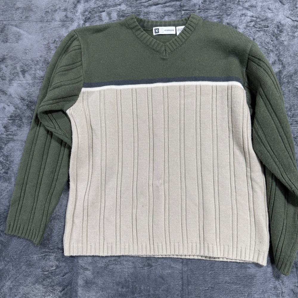 Xtremegear‎ Color Block V-Neck Sweater Mens L Green Cream 1381